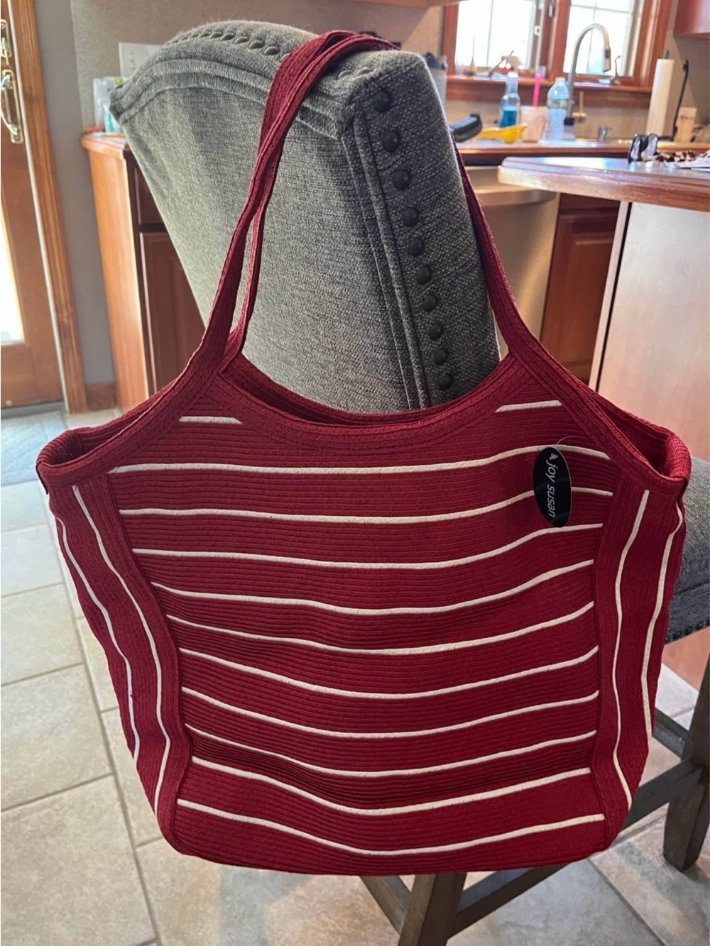 Joy Susan Burgundy and White Striped Knit Tote